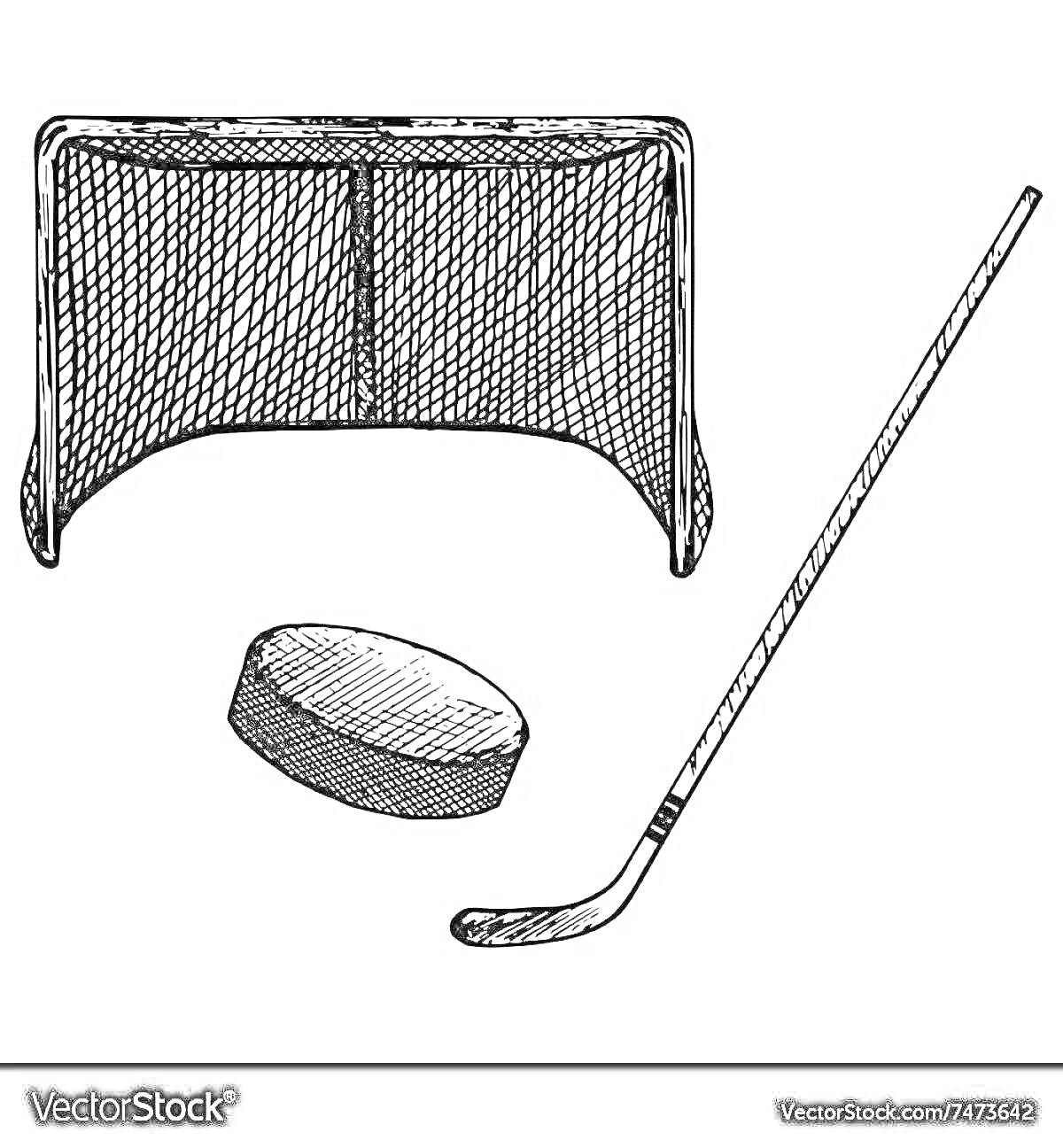 Раскраска Хоккейные ворота, шайба и клюшка