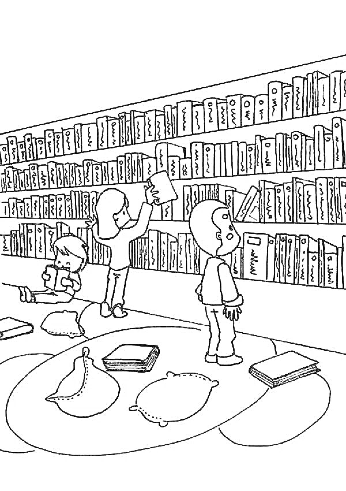 На раскраске изображено: Библиотека, Чтение, Книжные полки, Досуг