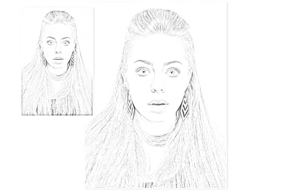 На раскраске изображено: Длинные волосы, Серьги