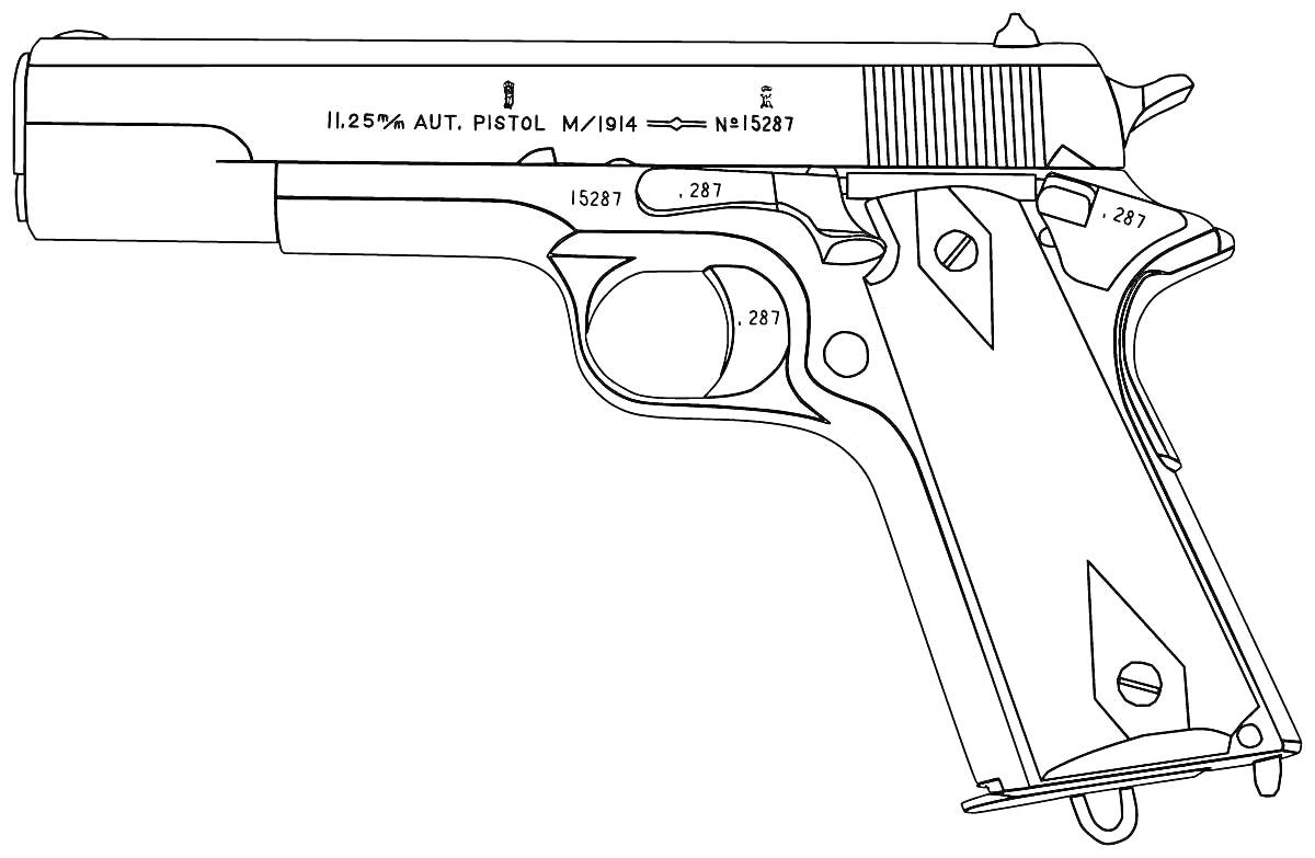 Раскраска Пистолет с надписями и номерами на корпусе