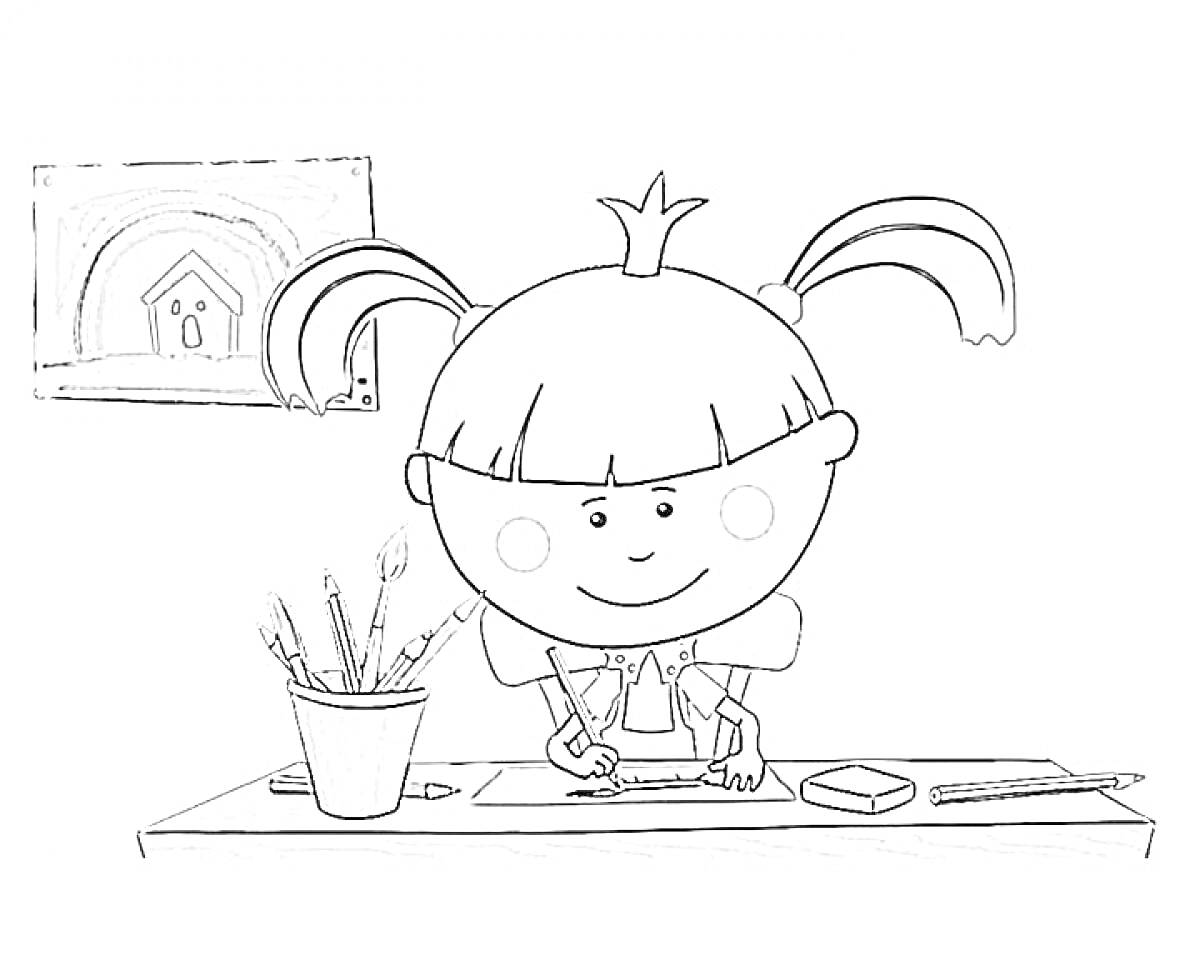 Раскраска Девочка за столом с рисунком, карандашами и рамкой с изображением дома на стене