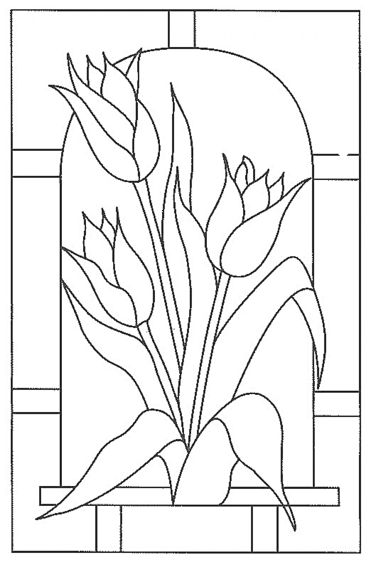 На раскраске изображено: Тюльпаны, Цветы, Ваза, Геометрические узоры, Узоры, Для детей