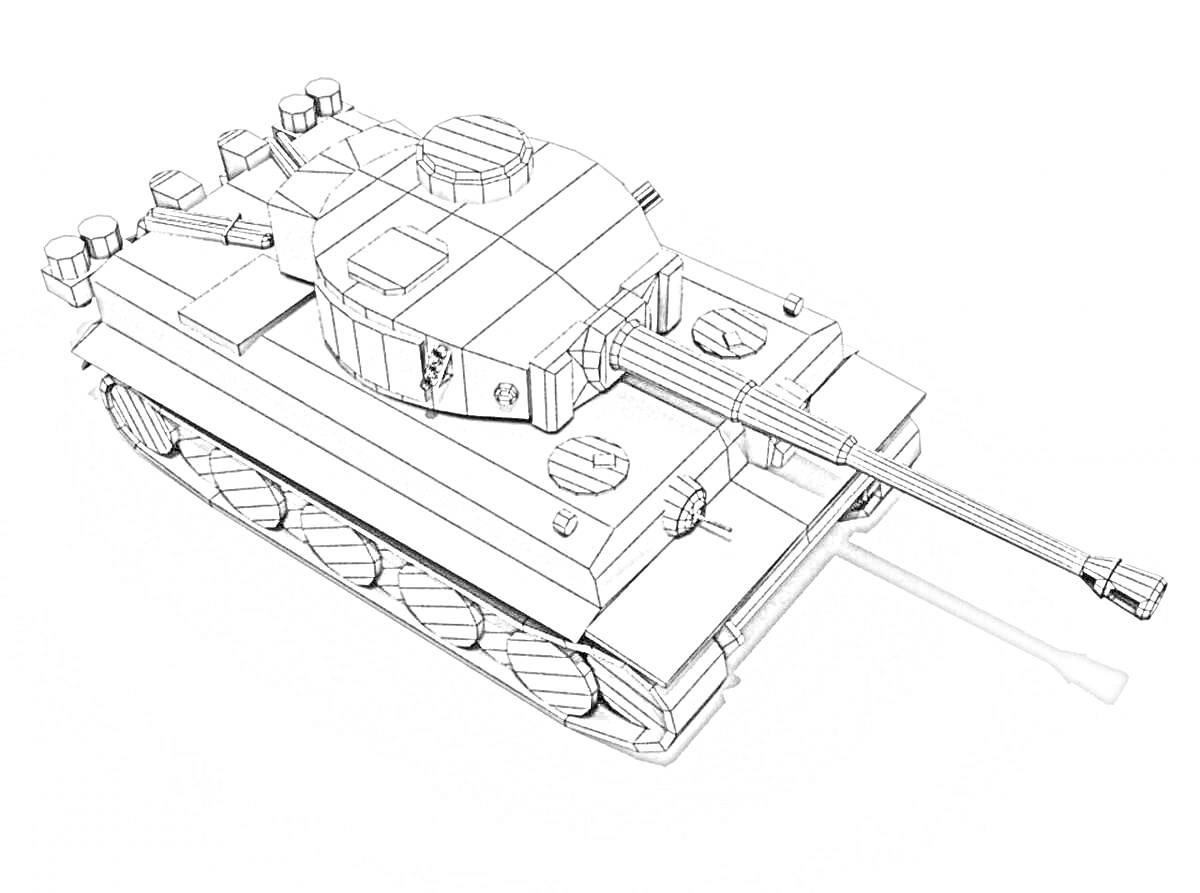 Раскраска Белый тигр танк с башней, длинным орудием, гусеницами и деталями корпуса