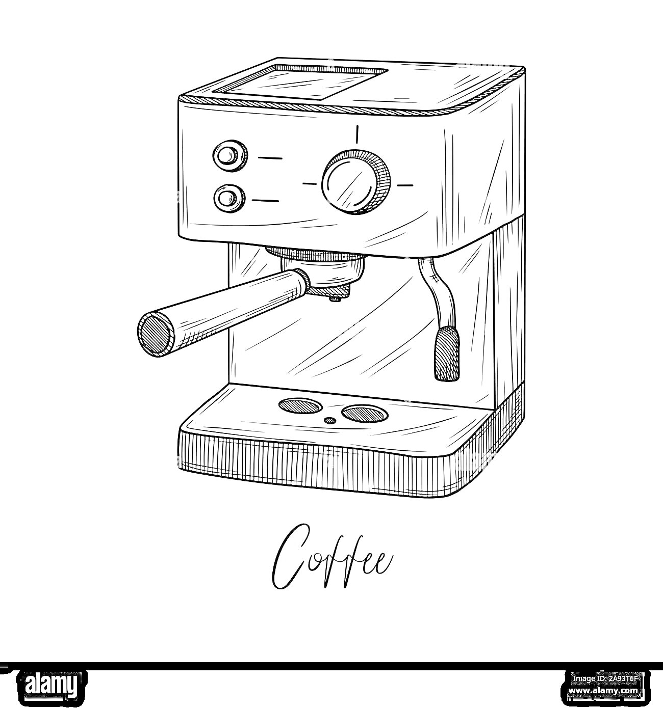 Раскраска Ручная кофемашина с панелью управления, паровым клапаном и стаканодержателями, надписью 