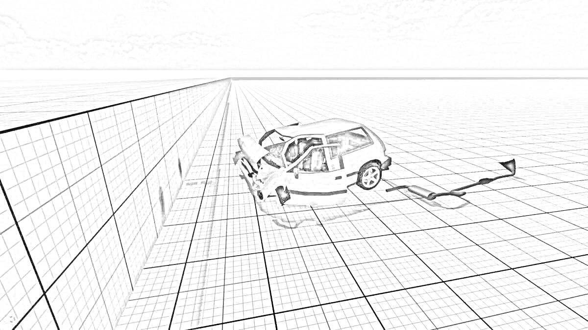 Раскраска Автоавария на тестовой площадке с сеткой, поврежденный автомобиль у стены