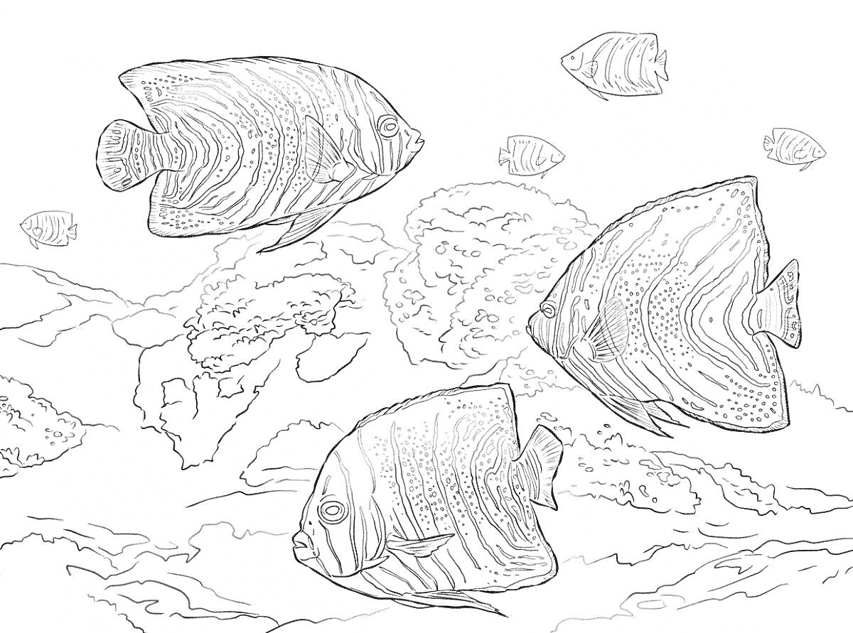 На раскраске изображено: Коралловый риф, Морское дно, Подводный мир, Морская жизнь