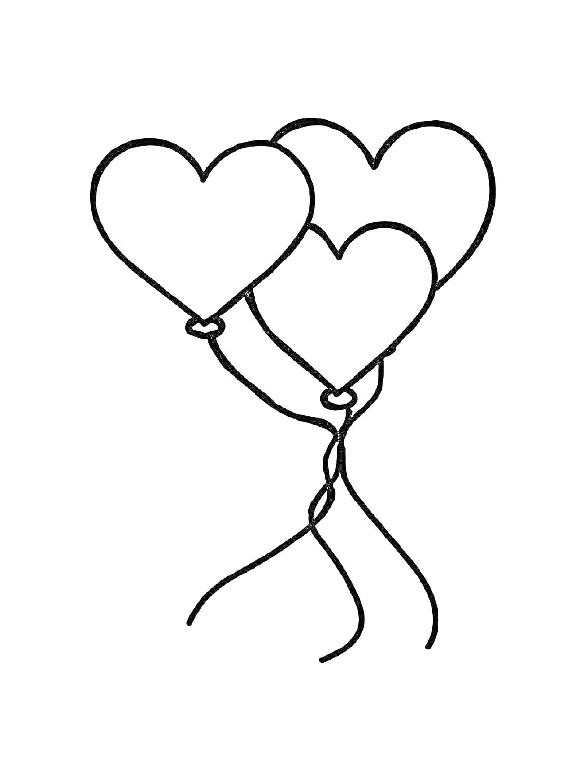 Раскраска Воздушные шарики в форме сердец (три шарика, связанные вместе)