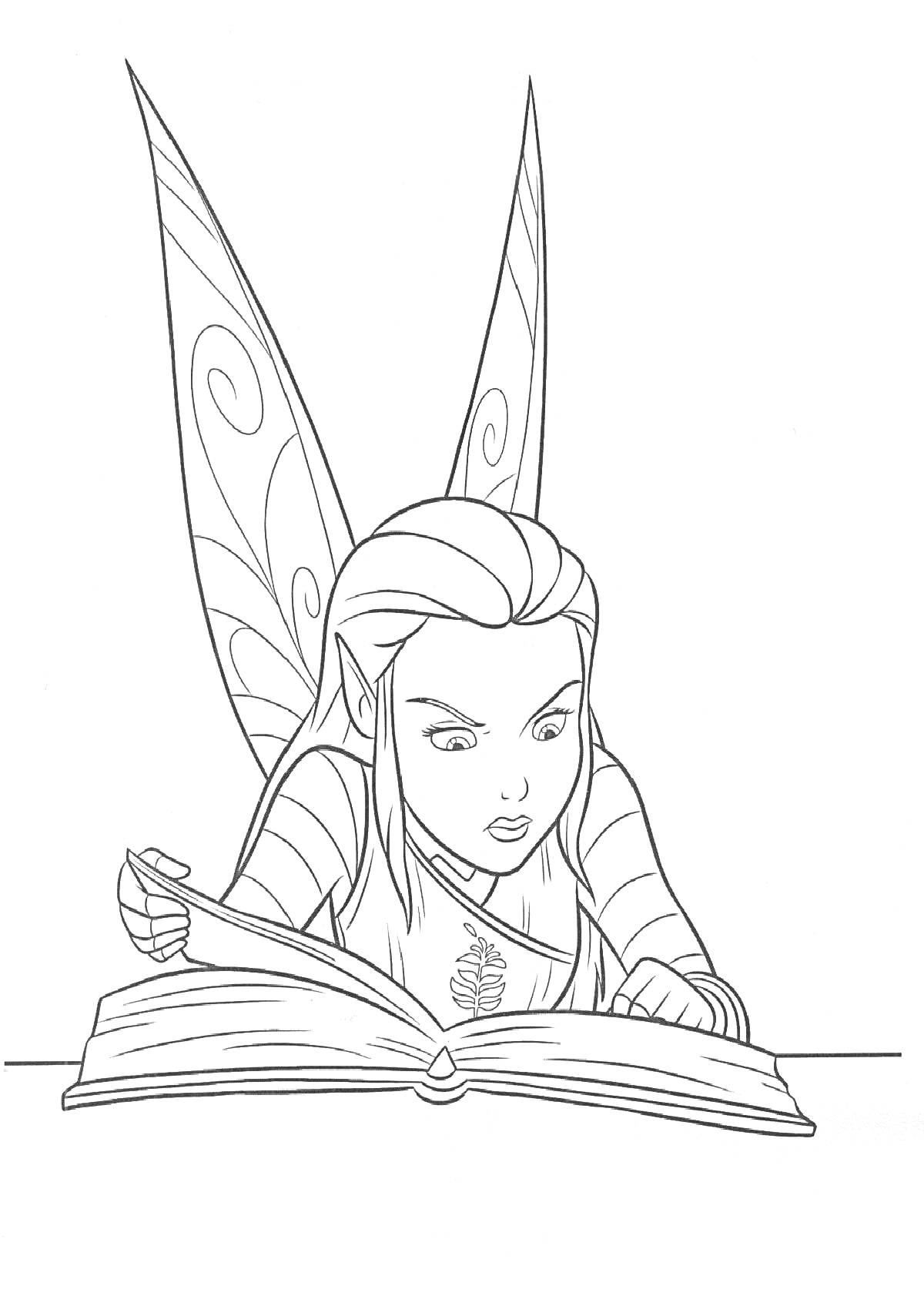 Раскраска Фея с длинными волосами и крыльями, читающая большую книгу