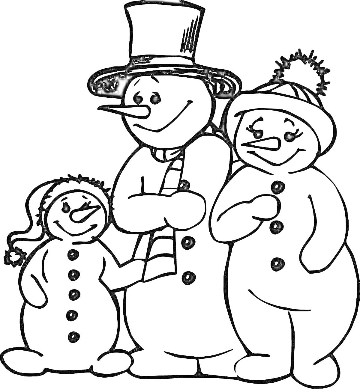 На раскраске изображено: Снеговики, Шляпа, Шарф, Шапка, Зима, Праздничное настроение
