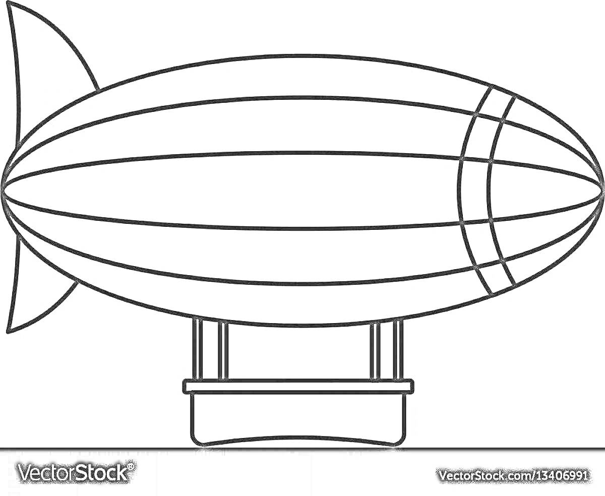 Раскраска Дирижабль с корзиной и хвостовым стабилизатором
