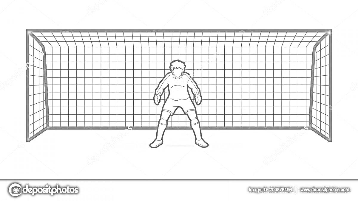 На раскраске изображено: Ворота, Вратарь, Футбол, Сетка, Спорт, Спорт для детей