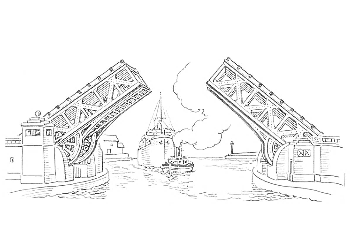 На раскраске изображено: Мост, Река, Корабль, Маяк, Вода, Судоходство, Городской пейзаж