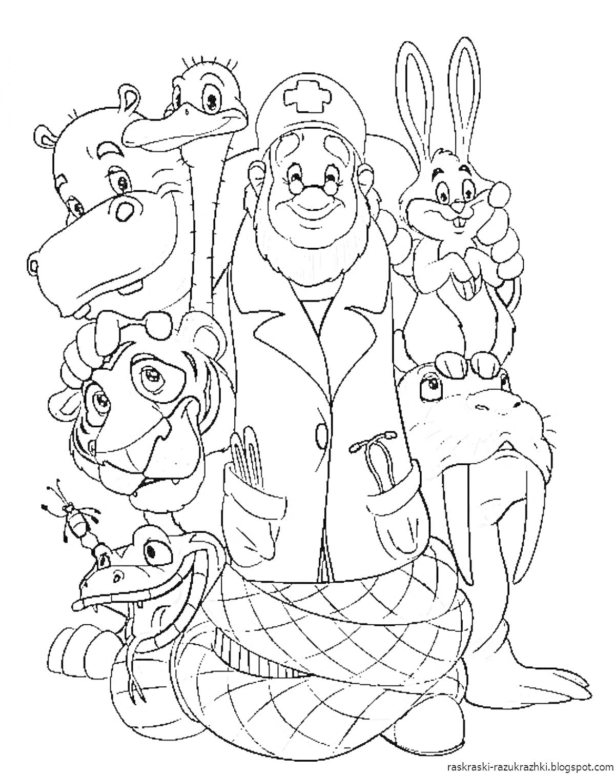 На раскраске изображено: Доктор Айболит, Чуковский, Бегемот, Страус, Заяц, Медведь, Морж