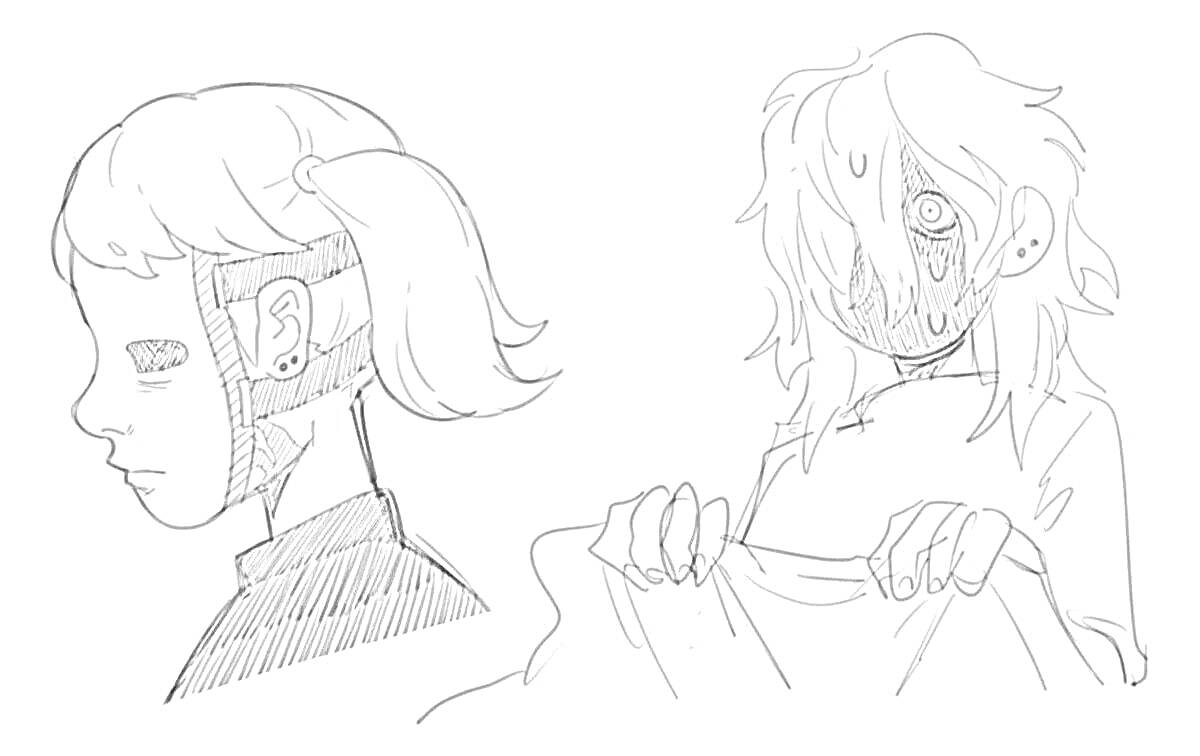 Раскраска Салли Фейс с двумя лицами - спокойным и пугающе маскированным, персонаж с двумя разными выражениями лица, спокойный профиль и поднимающая ткань рука в ужасе