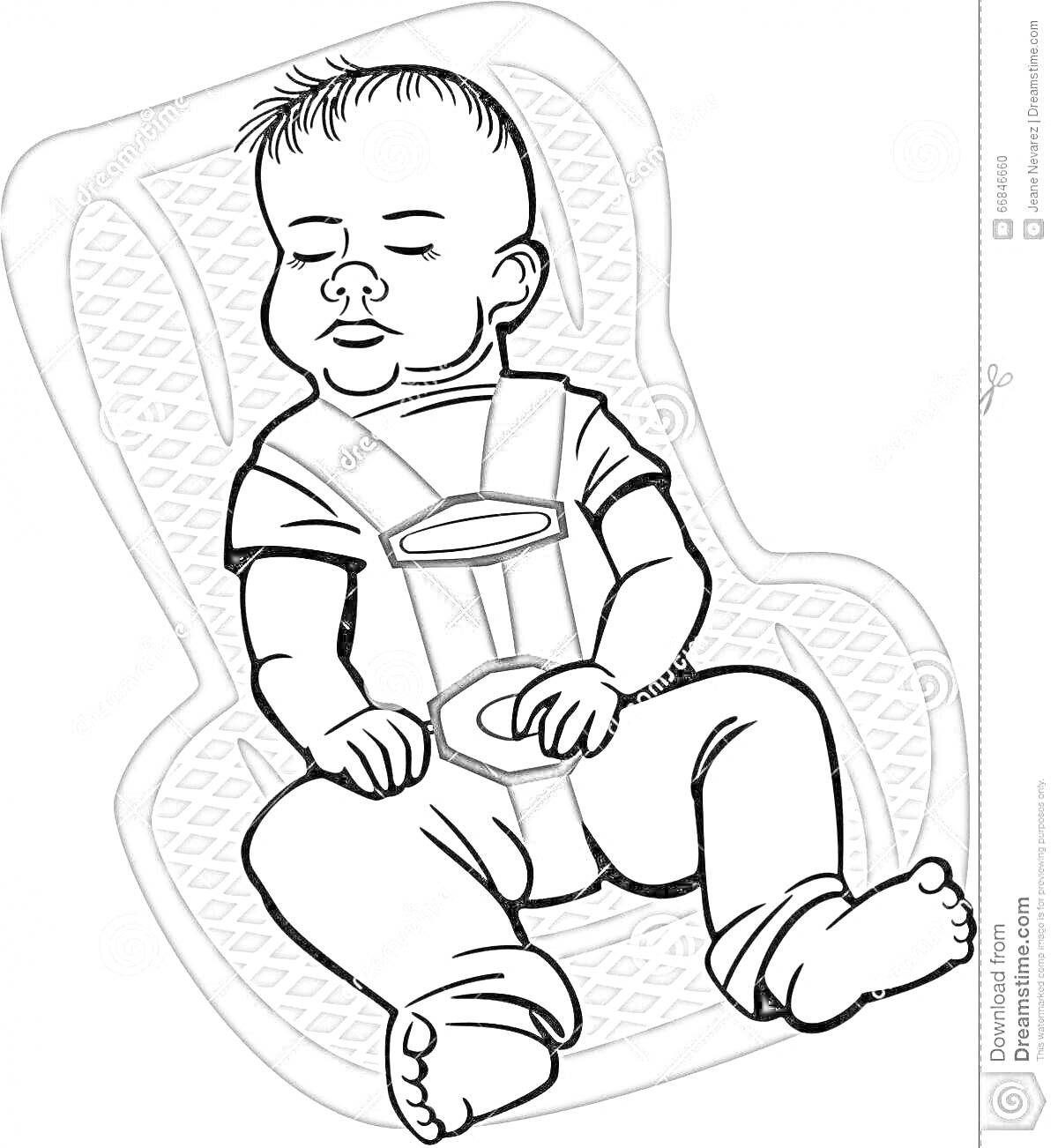 Раскраска Ребенок спит в автокресле с ремнем безопасности