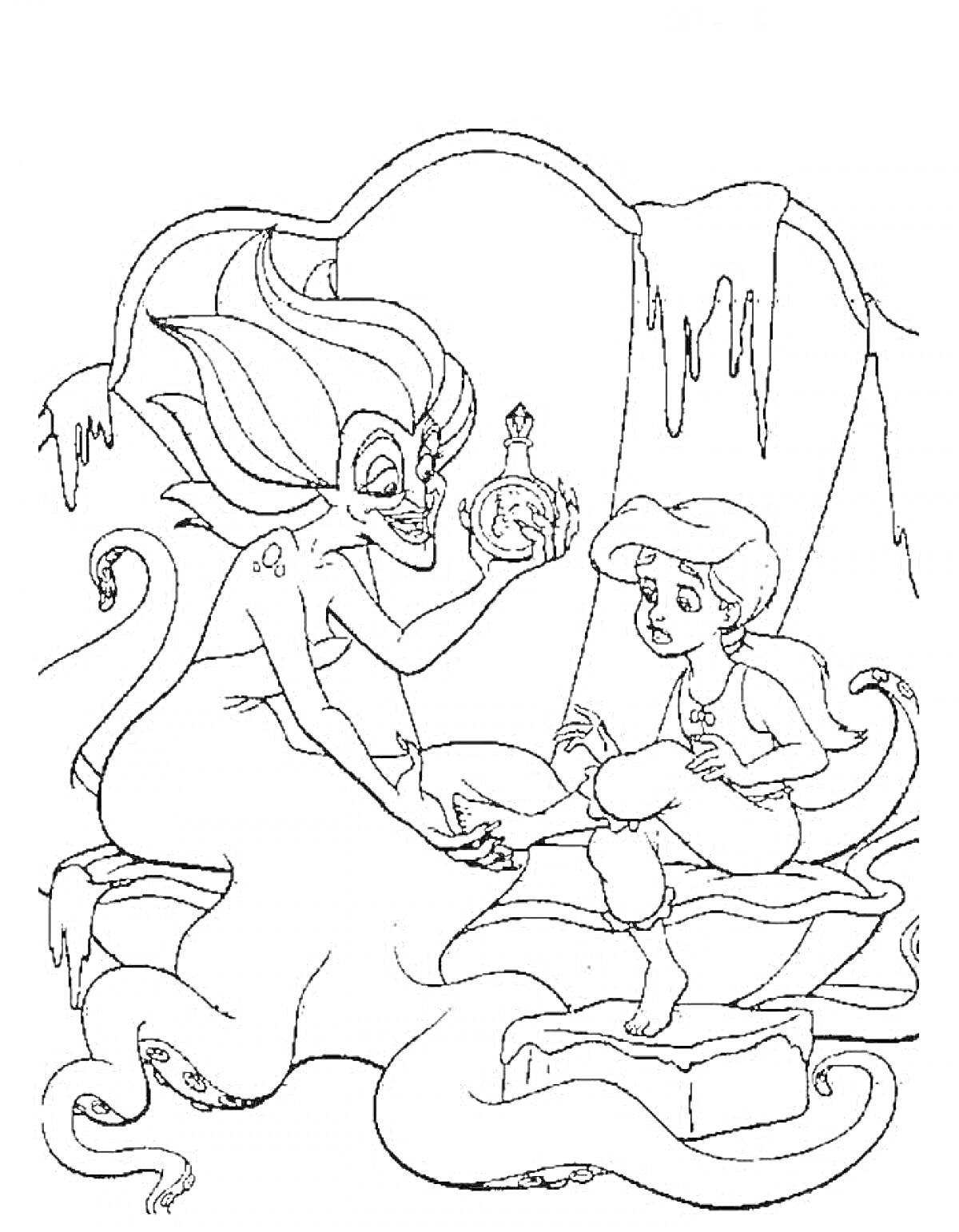 Раскраска Маленькая русалочка, Мелоди, злая колдунья с зельем, подводная пещера