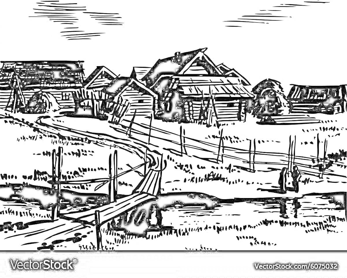 На раскраске изображено: Село, Деревня, Мост, Речка, Деревянные дома, Забор, Природа, Прошлое, Сельская жизнь