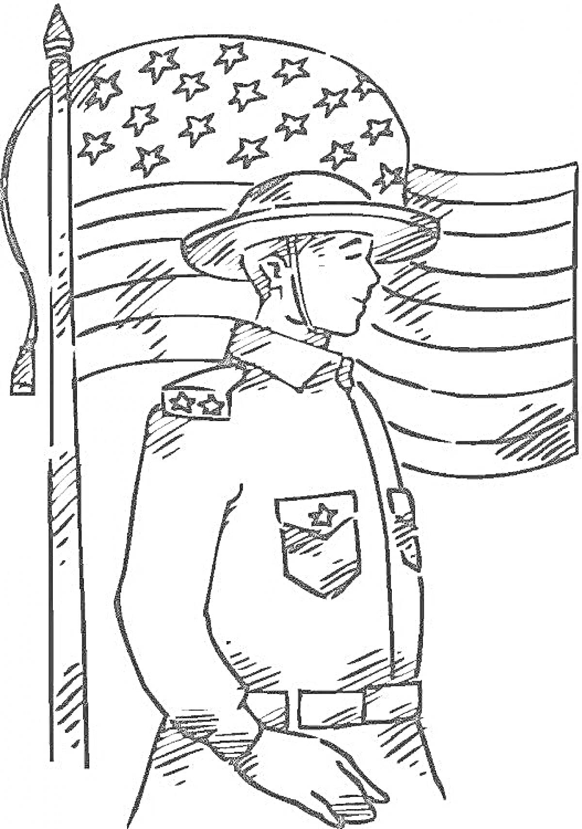 На раскраске изображено: Солдат, Флаг, Форма, Армия, Патриотизм, Военный, Звезды, Линии, Контурные рисунки