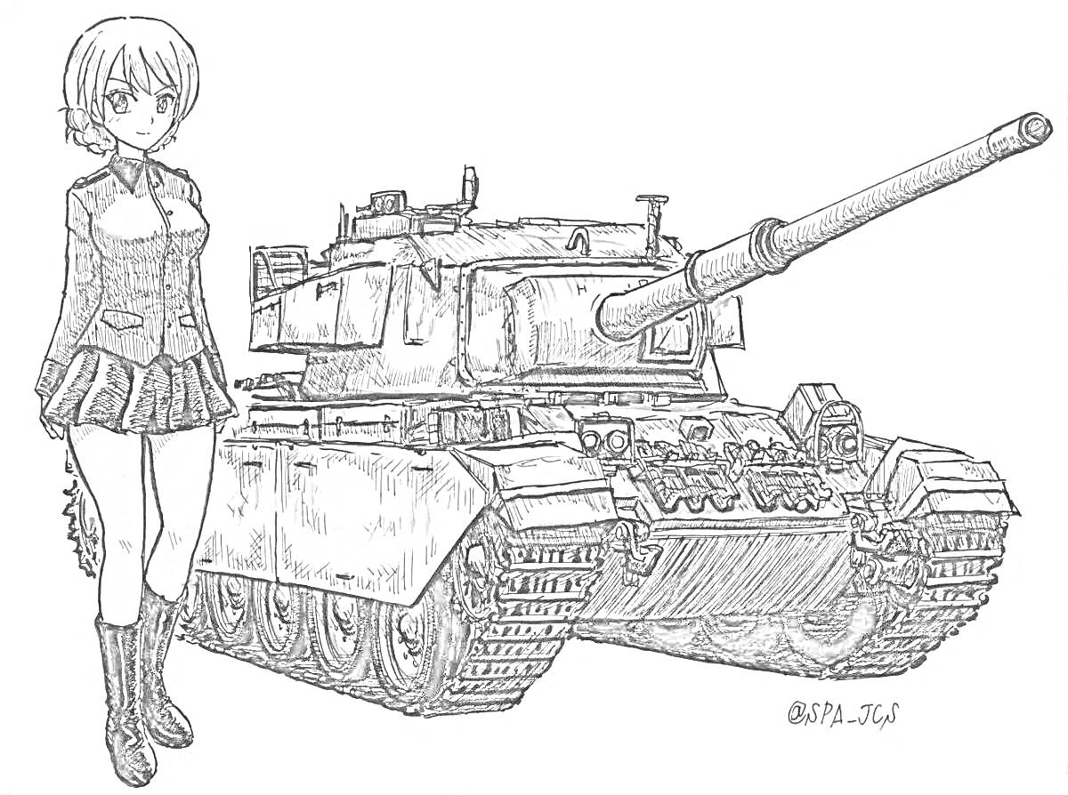 Раскраска Девушка в военной форме рядом с танком