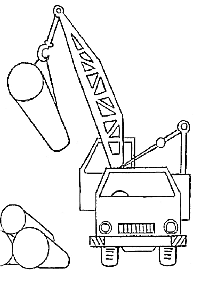 На раскраске изображено: Подъемный кран, Строительная техника, Транспорт, Для детей, Бревно, Грузовая машина, Строительство