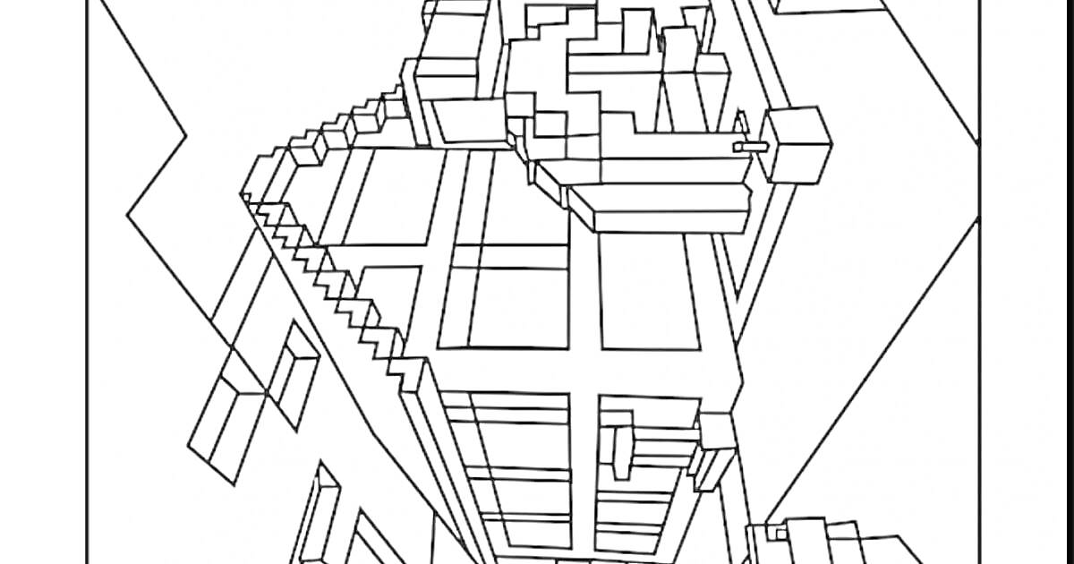 На раскраске изображено: Майнкрафт, Дом, Окна, Лестница, Кубы, Пиксельная графика