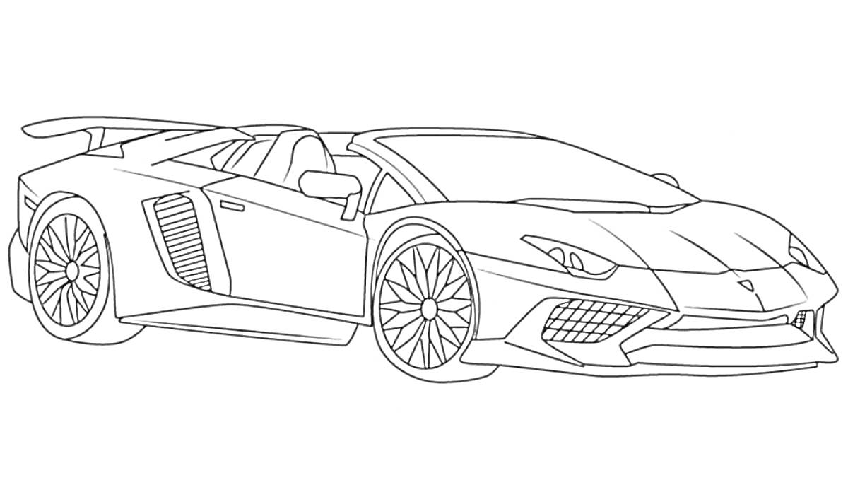Раскраска Спортивный автомобиль Lamborghini с открытым верхом и спойлером