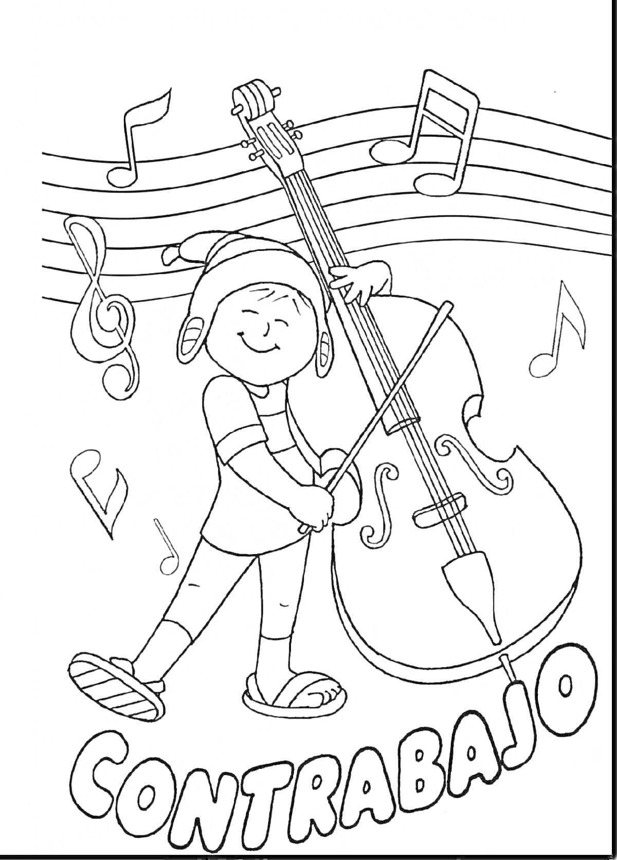 На раскраске изображено: Ребенок, Контрабас, Музыка, Ноты, Игра на музыкальном инструменте, Музыкальная тема, Классическая музыка