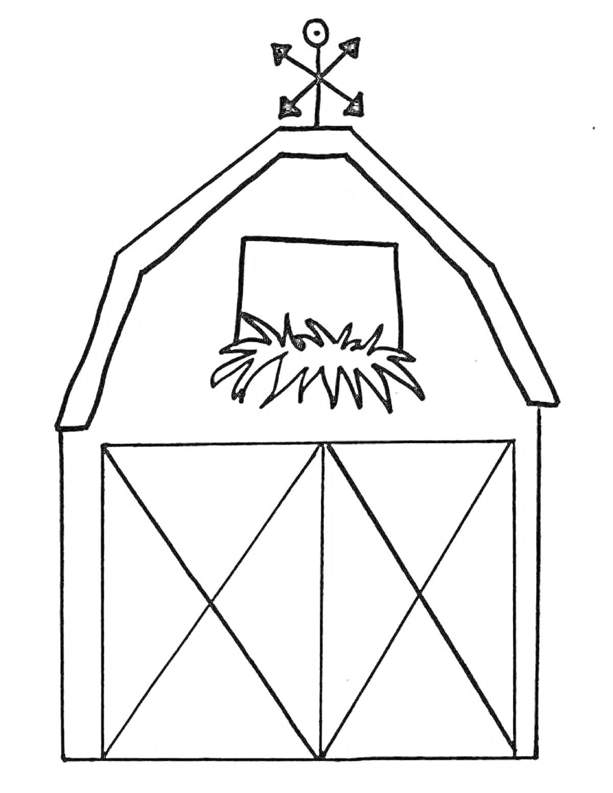 Раскраска Хлев с сеном в окне и флюгером на крыше