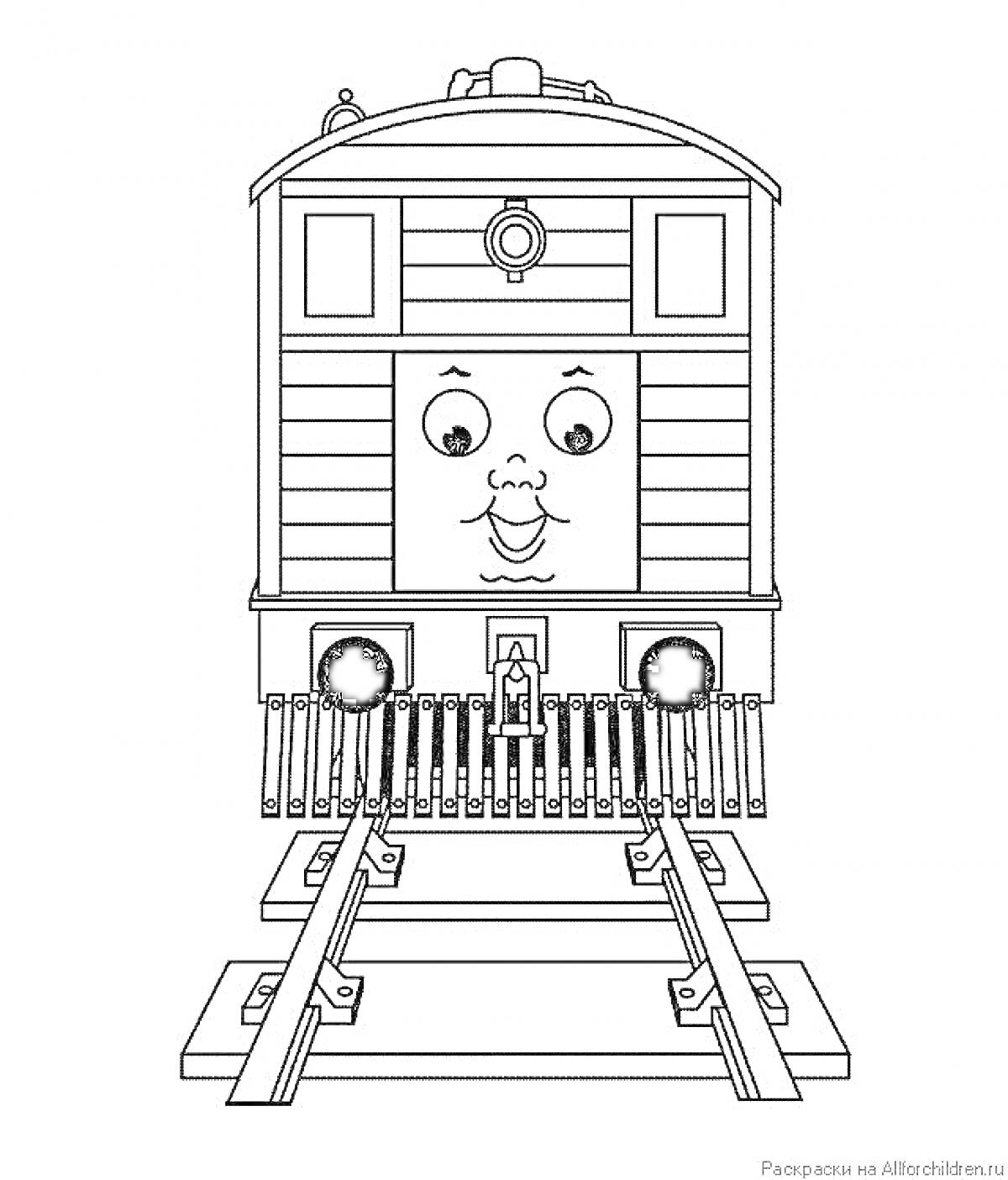 Раскраска Паровозик Томас с лицом на передней части вдоль железнодорожных путей