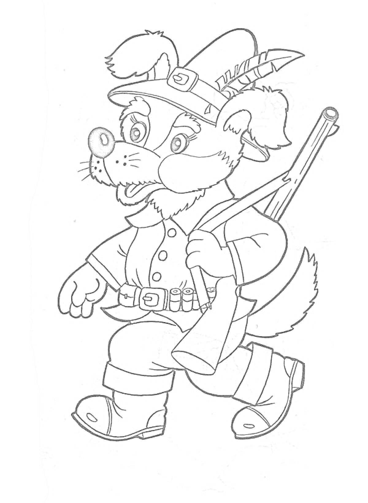 Раскраска Собака-охотник в костюме с мушкетом и перьевой шляпой