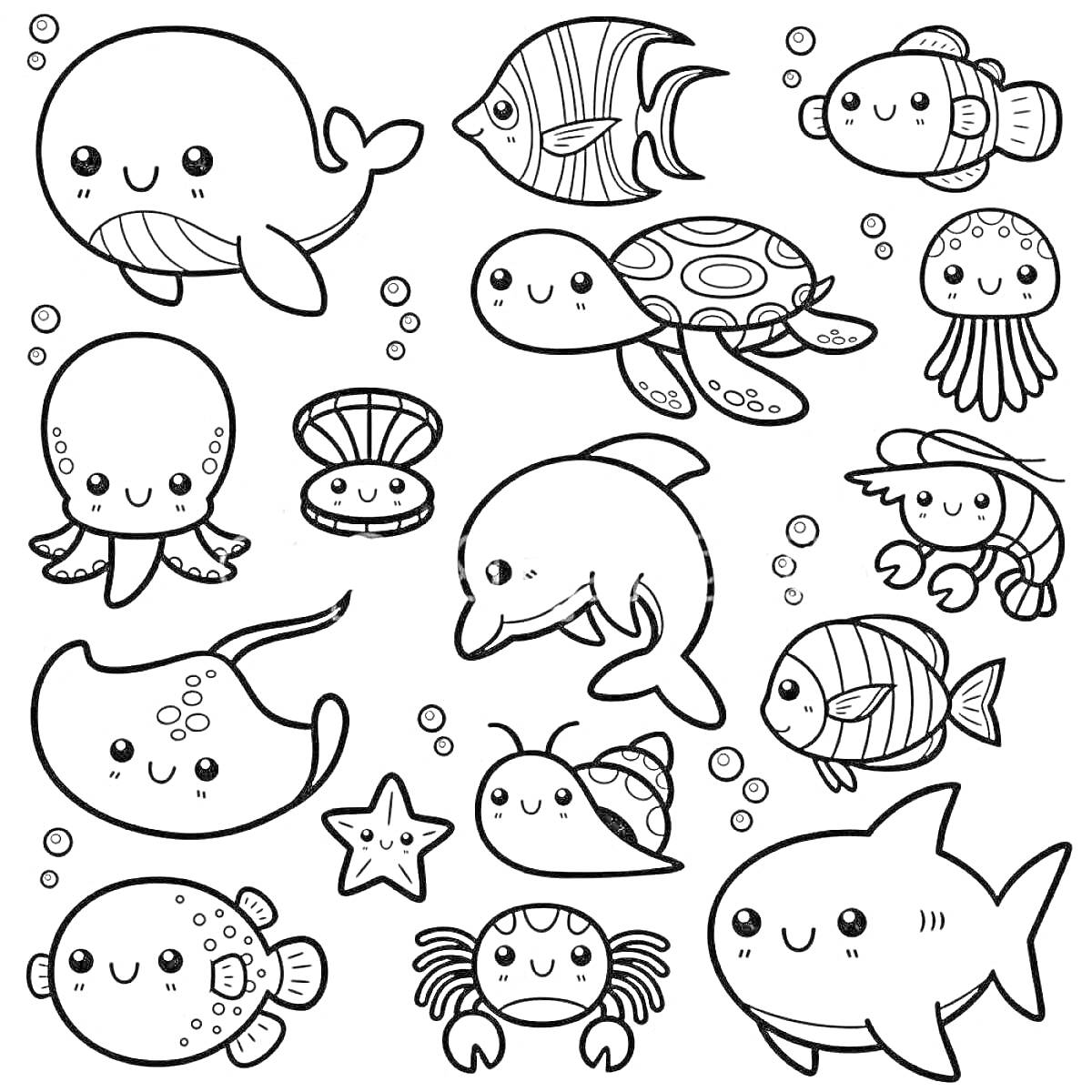 На раскраске изображено: Черепаха, Медуза, Скат, Краб, Морская раковина, Морской конек, Рыба-клоун, Улитка, Подводный мир