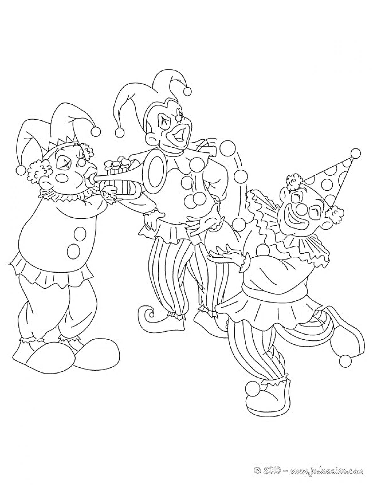 На раскраске изображено: Шут, Клоун, Жонглирование, Шляпа, Празднование, Веселье, Цирк, Маскарад, Костюм