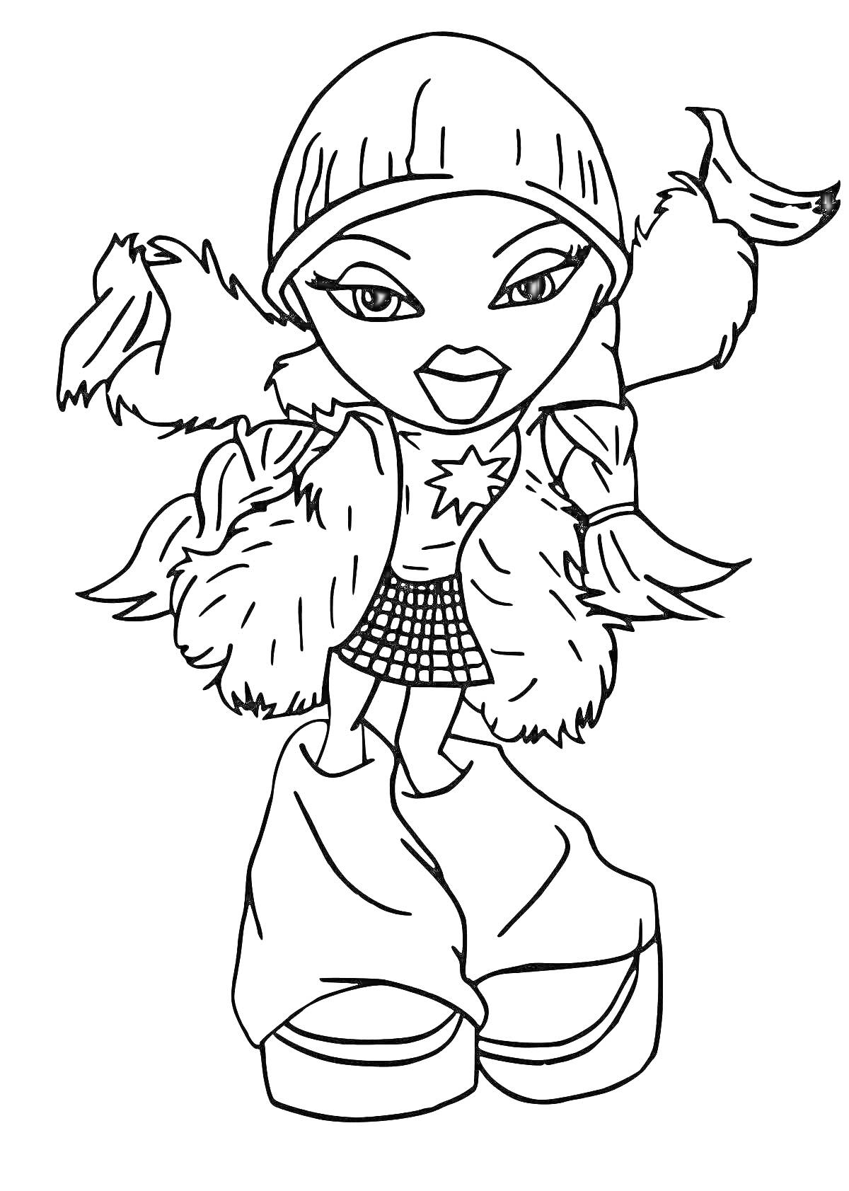 На раскраске изображено: Bratz, Кукла, Шапка, Длинные волосы, Куртка с мехом, Клетчатая юбка, Мода