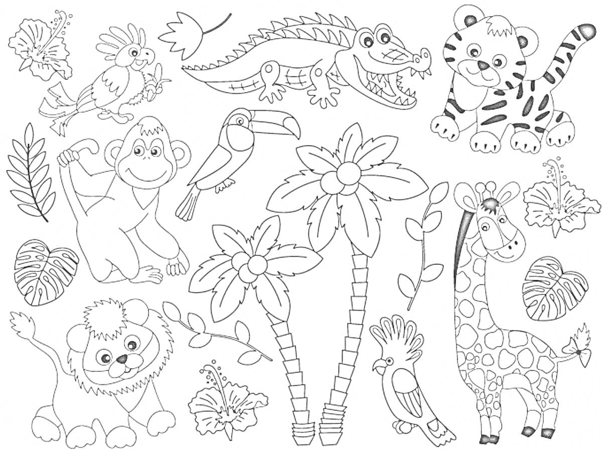 На раскраске изображено: Джунгли, Животные, Крокодил, Горилла, Тукан, Лев, Пальмы, Природа