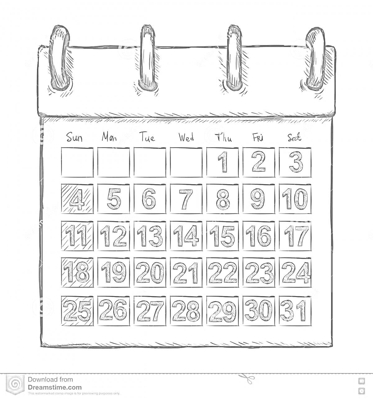 Раскраска Отрывной календарь на пружинах с сеткой чисел