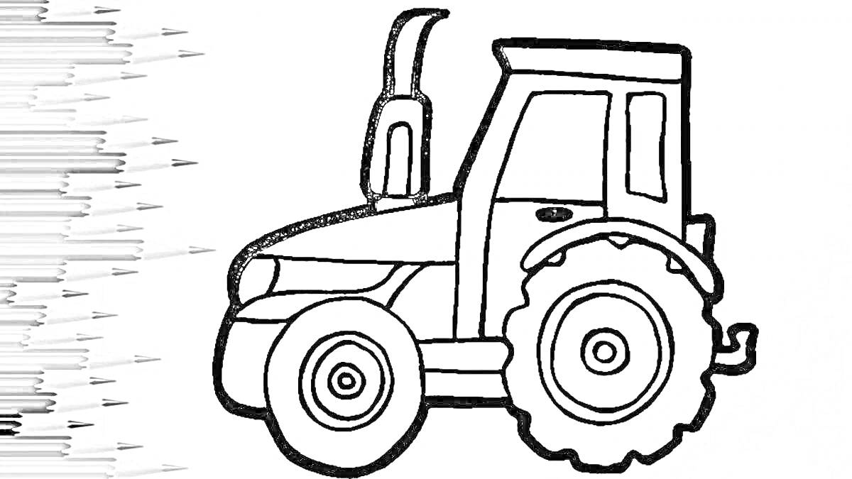 Раскраска Трактор с большими задними и маленькими передними колесами, выхлопной трубой, и кабиной с окнами
