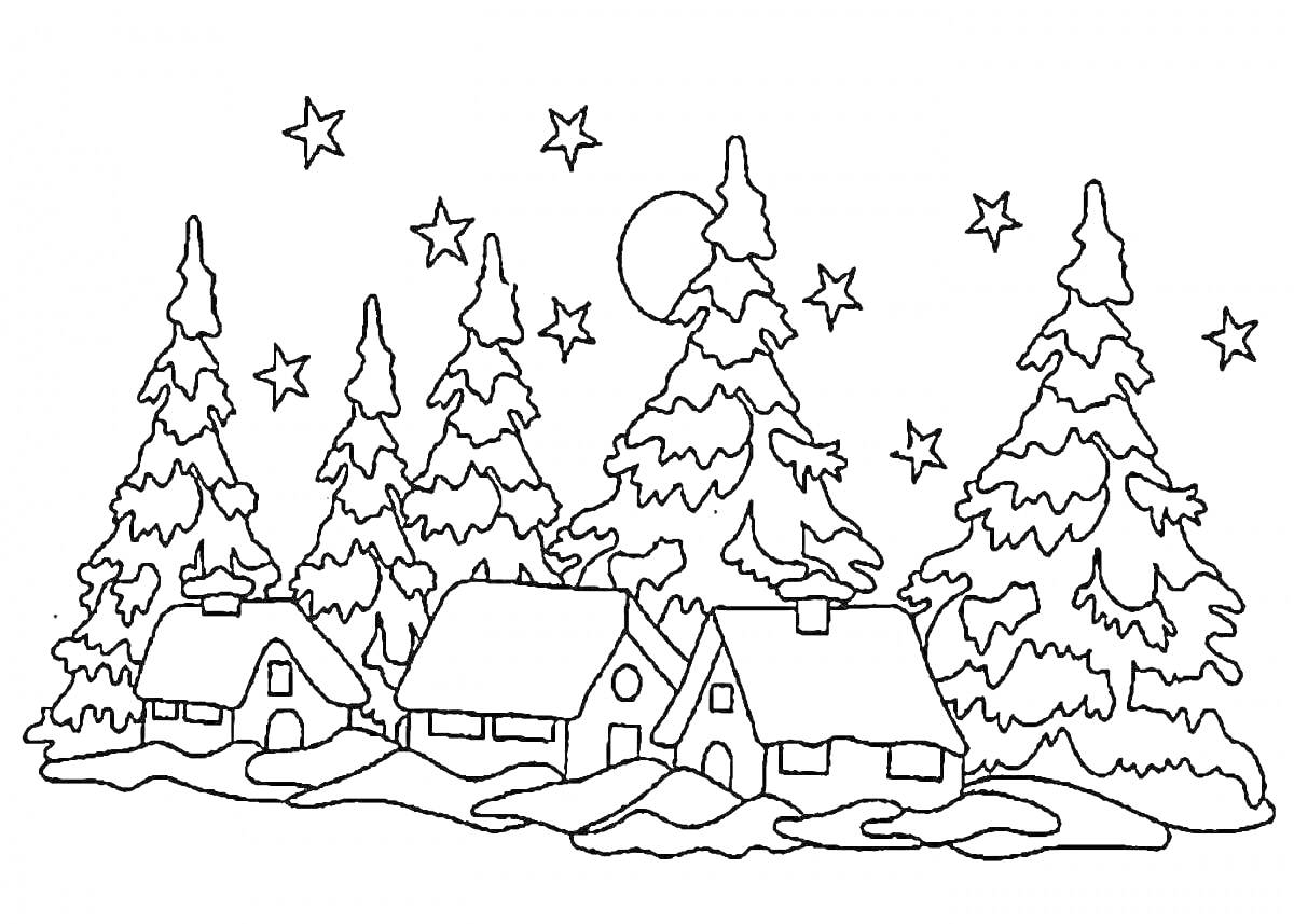 На раскраске изображено: Ёлки, Звезды, Луна, Зима, Снежный пейзаж, Новогодний пейзаж