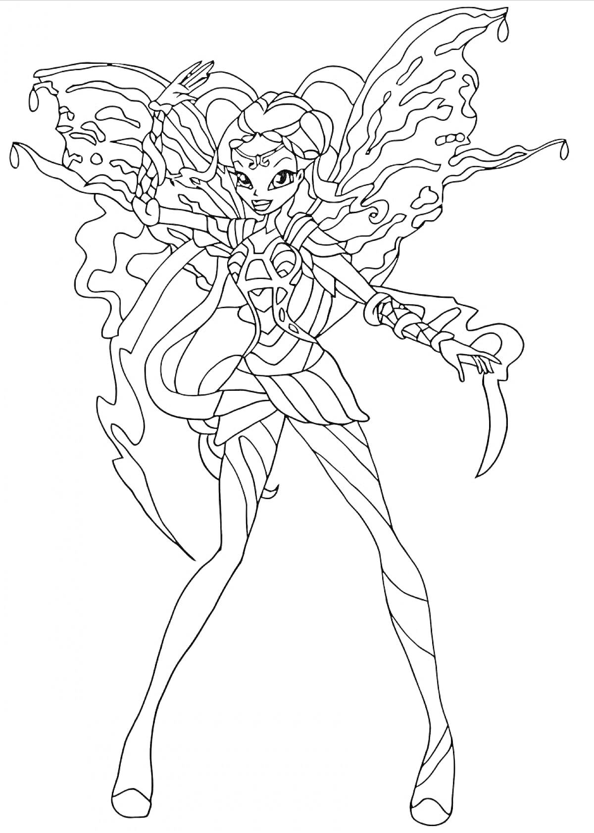 Раскраска Фея с крыльями в костюме Блумикс, палочка, длинные волосы