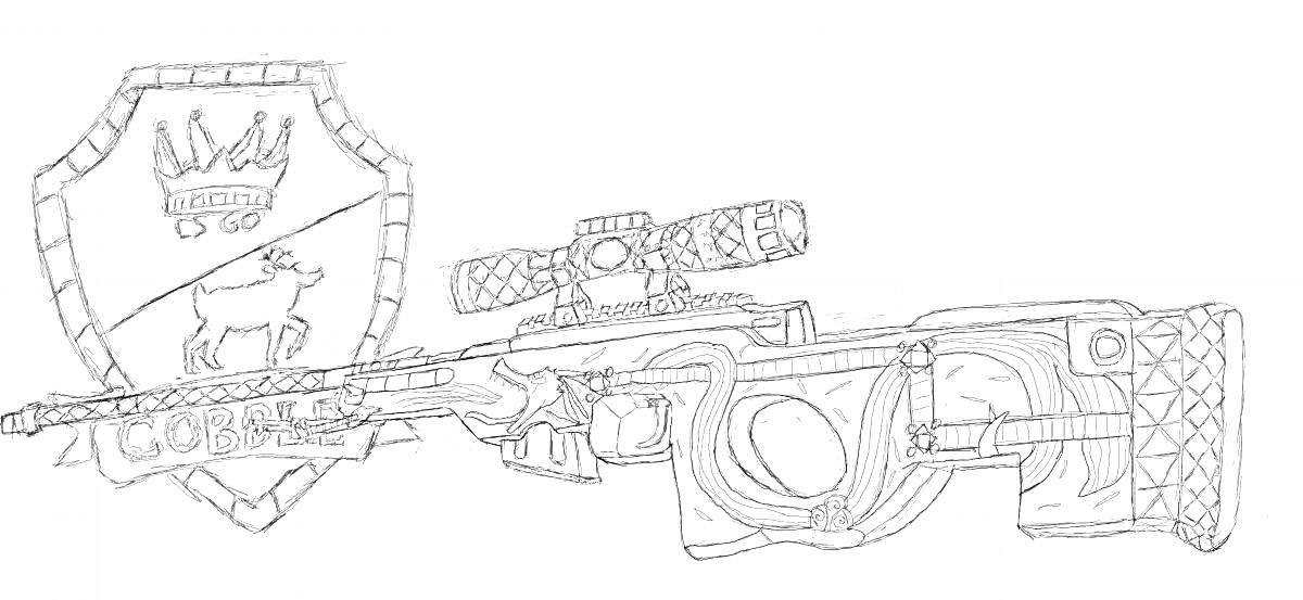 Раскраска Винтовка со снайперским прицелом на фоне герба с животным и короной