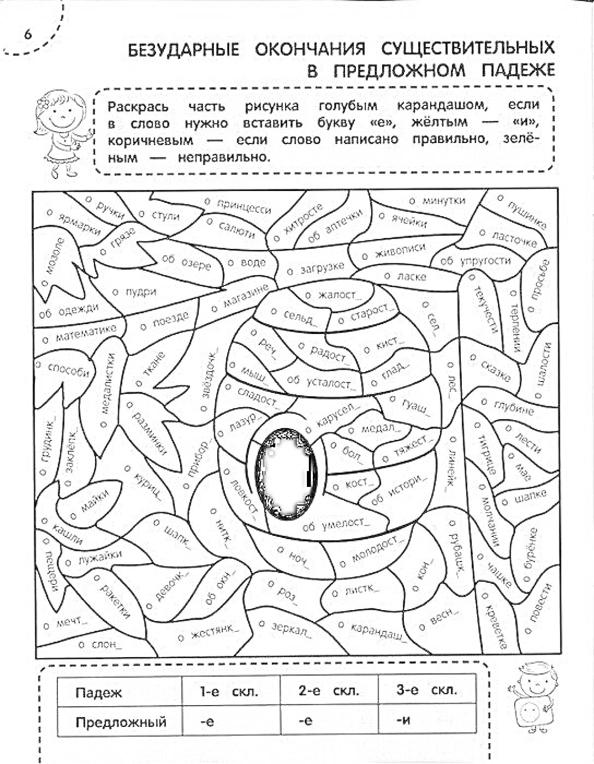 На раскраске изображено: Русский язык, 4 класс, Падежи, Существительные, Учебное задание, Грамматика