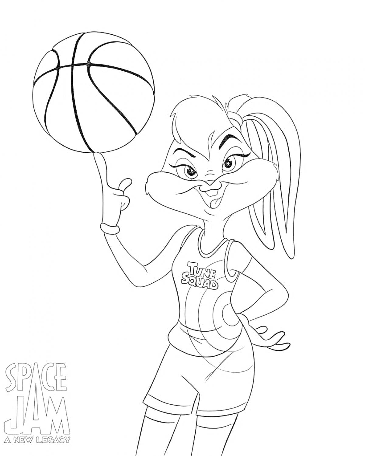 На раскраске изображено: Космический джем, Баскетбол, Баскетбольный мяч, Анимация, Спорт, Кролик