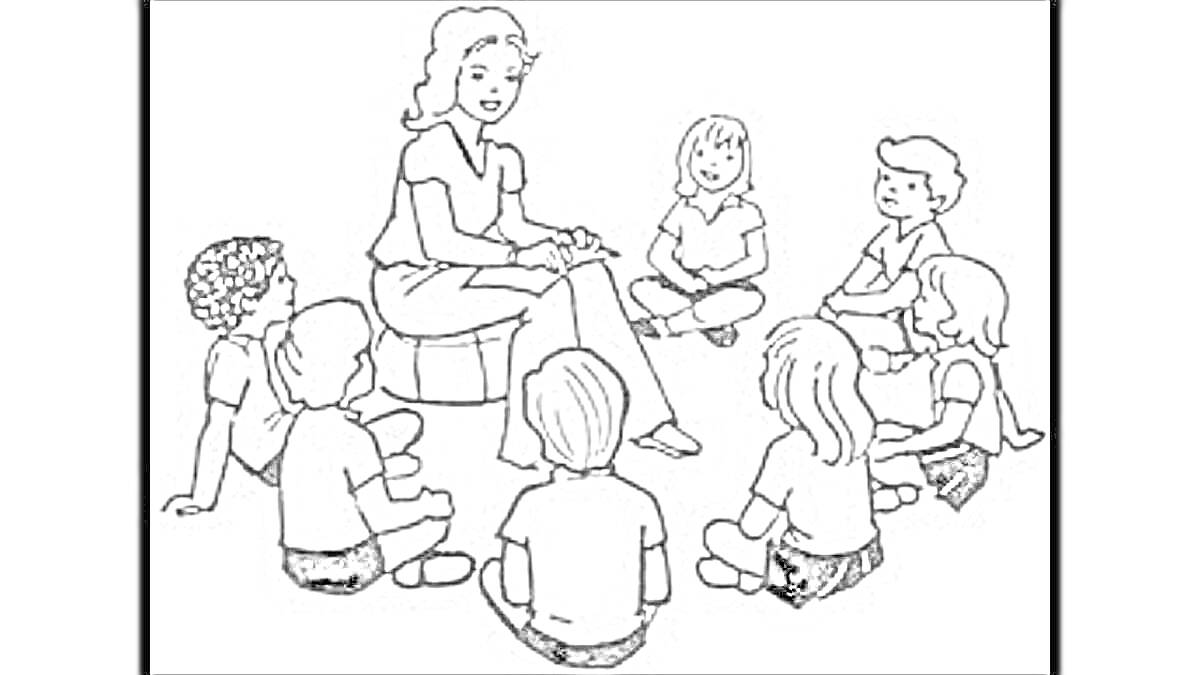 На раскраске изображено: Группа, Сидеть, Общение, Взаимодействие, Обучение, Классная комната, Детский сад, Для детей, Круги