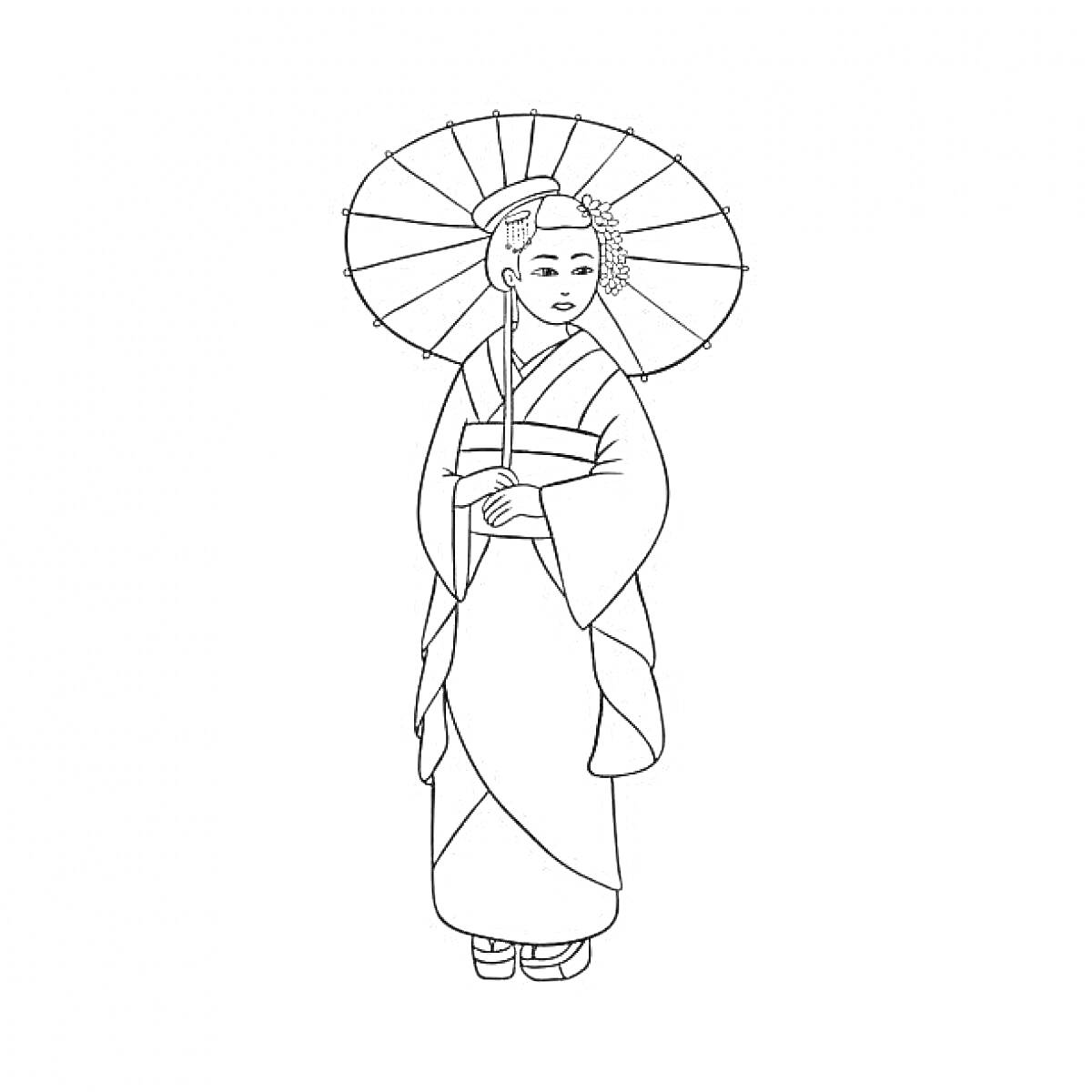 На раскраске изображено: Японка, Кимоно, Зонт, Традиционная одежда, Школа, 4 класс, Азиатская культура, Женский образ