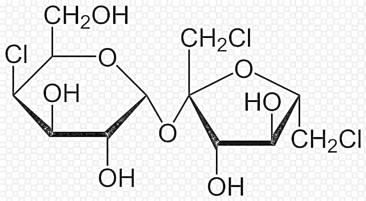 Структурная формула сахара с химическими элементами: CH2OH, Cl, O, OH