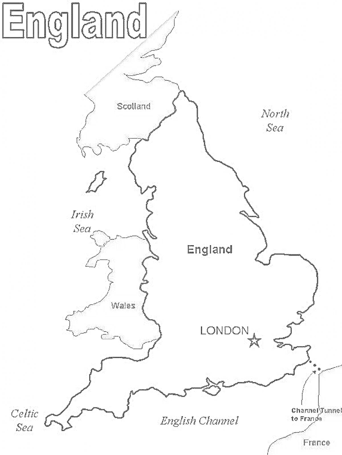 Раскраска карта Великобритании с обозначениями: Англия, Шотландия, Уэльс, Лондон, Франция, Северное море, Ирландское море, Ла-Манш, Кельтское море