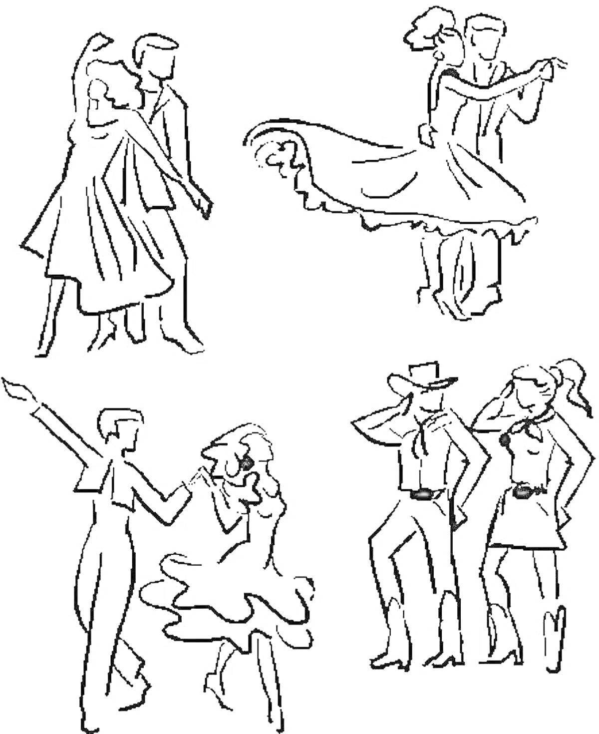 На раскраске изображено: Танец, Ковбои, Движения, Танцевальная поза, Платье, Шляпа, Вращение