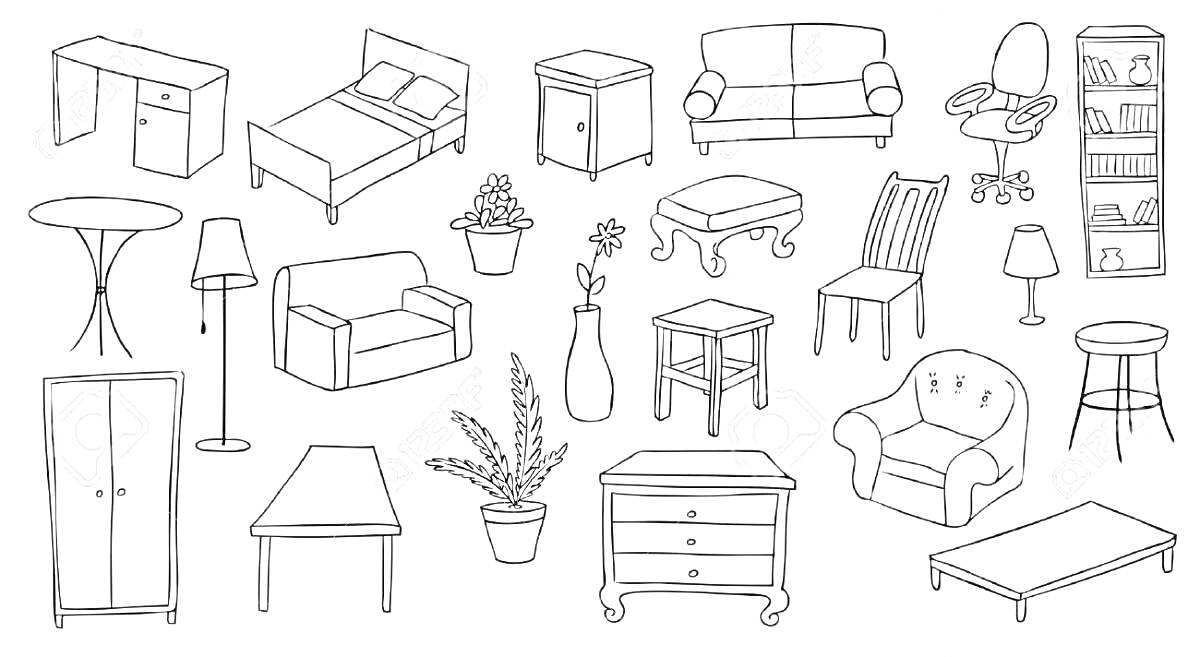 Раскраска Мебель для детской комнаты: кровать, диван, кресло, письменный стол, стул, высокий стул, комод, книжный шкаф, тумбочка, стол, торшер, настольная лампа, шкаф, цветочные горшки