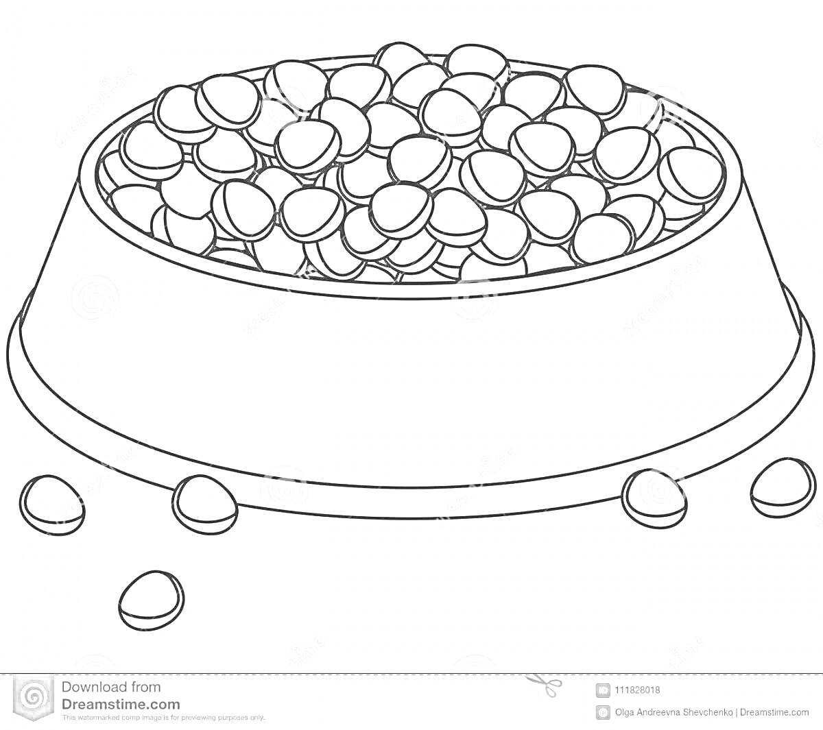 Раскраска Миска сухого корма для собак с гранулами корма внутри и снаружи