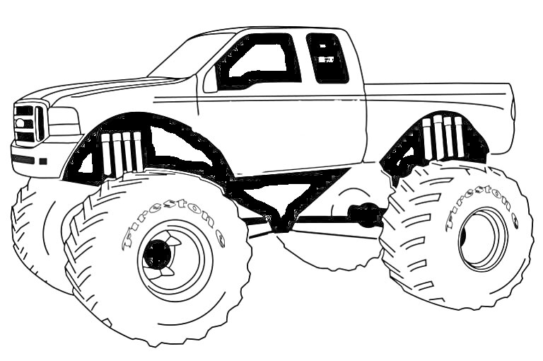 Раскраска Большой внедорожник с огромными колёсами, лифтом подвески и кузовом в стиле пикапа