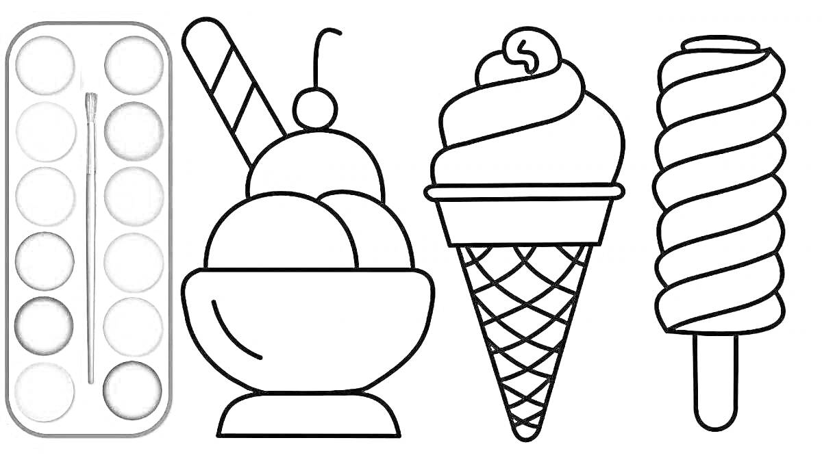 Раскраска Набор для раскраски: мороженое в чашке с трубочкой и вишенкой, мороженое в рожке, эскимо-спираль